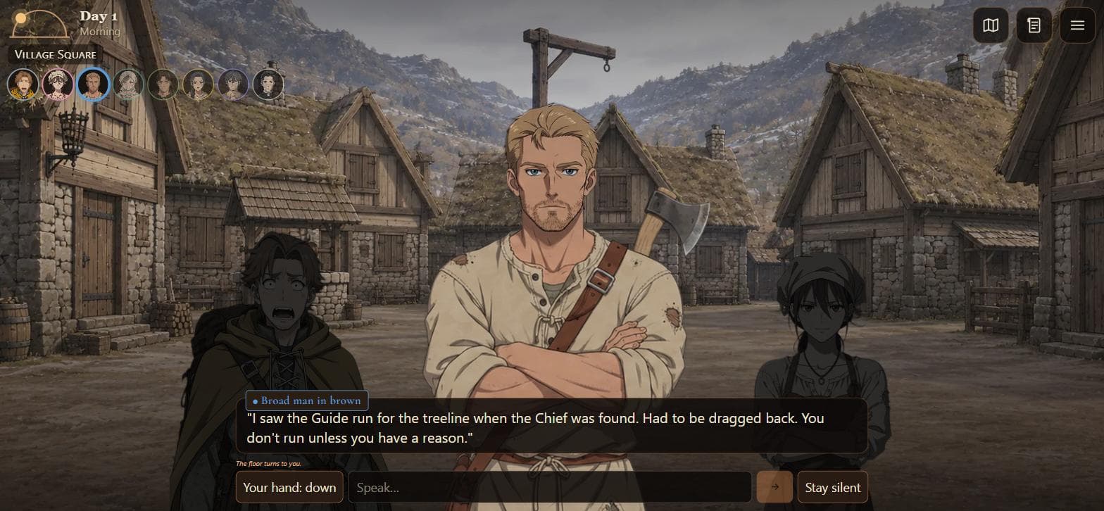 Village square by day. A broad man in brown with an axe tells the player what he saw, with a reply box and a Stay silent button below.