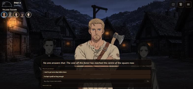 The same square at evening with lit windows. The narration says the cold off the forest has reached the square, and the player is asked why they are leaving.