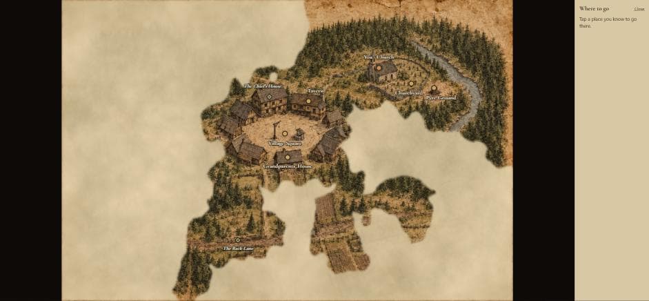 Painted map of the village with the square, tavern, church, the Chief's house, the grandparents' house and the back lane, beside a Where to go panel.